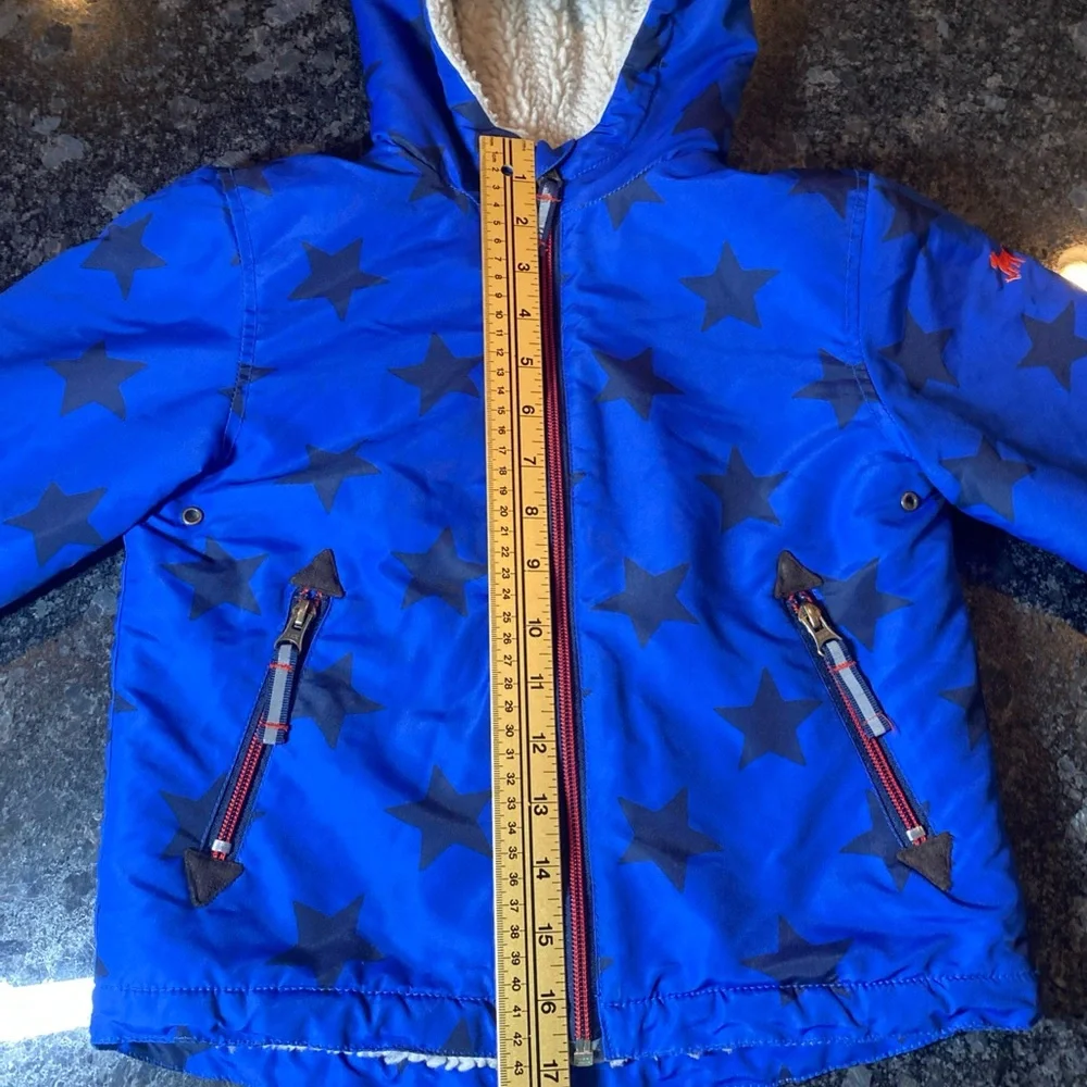 Mini Boden Hooded Puffer Zip Up Jacket Star Boys Blue 2-3Y